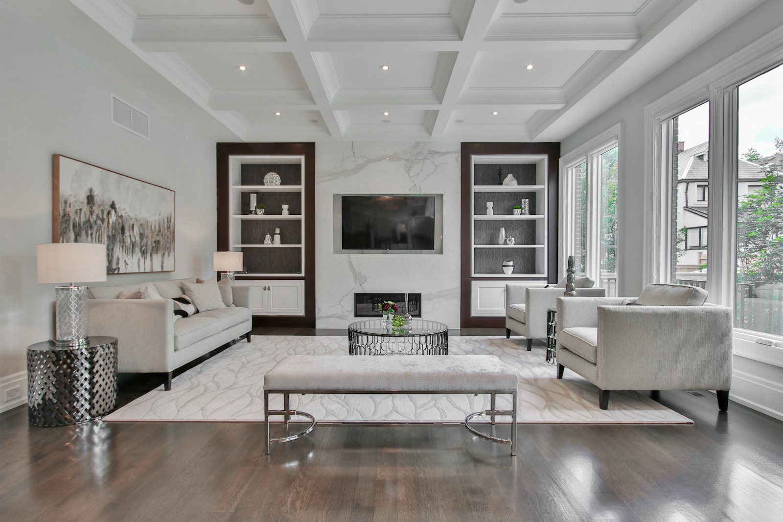 Living room with marble fireplace