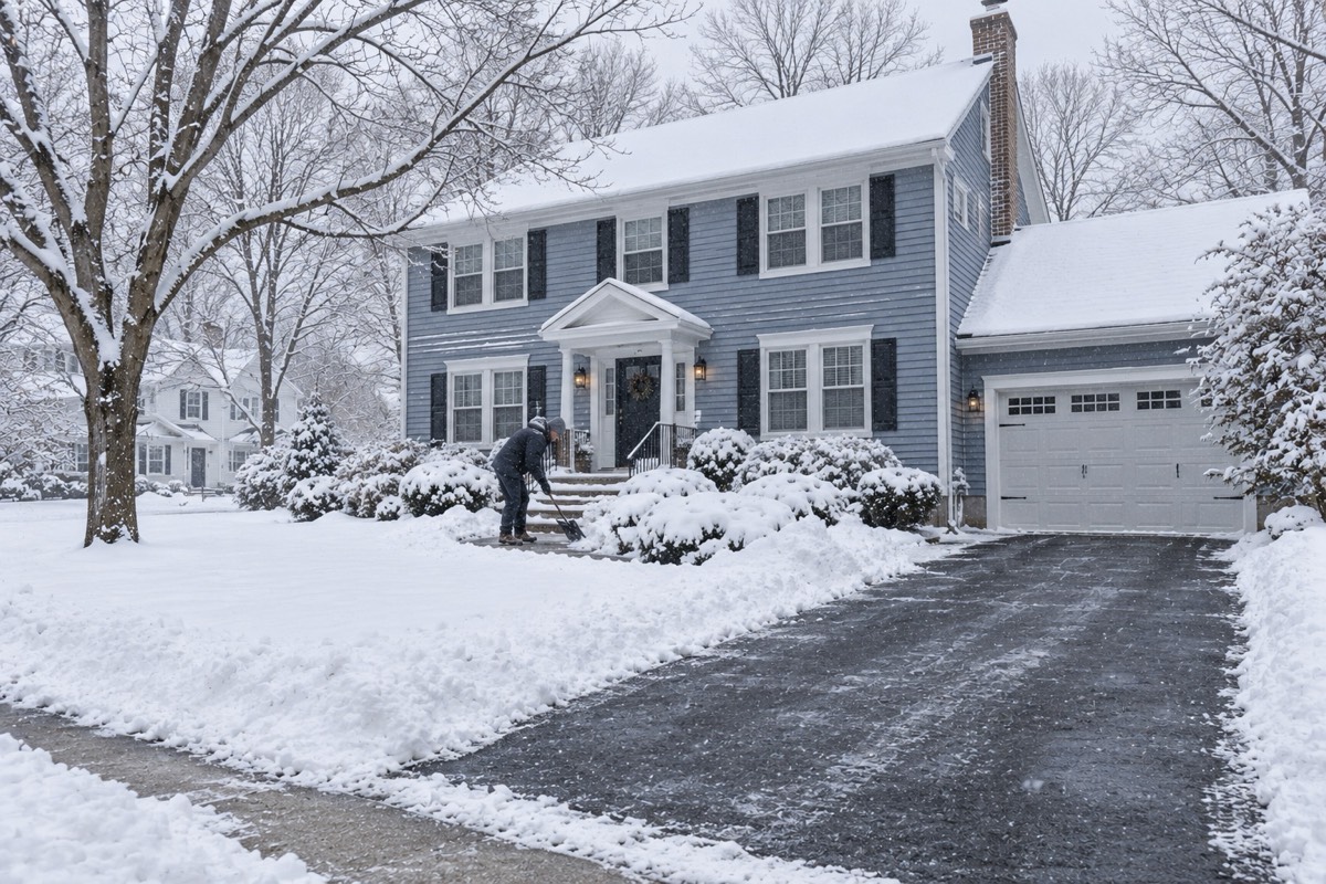 Shoveling the steps of a snowy colonial with a cleared driveway