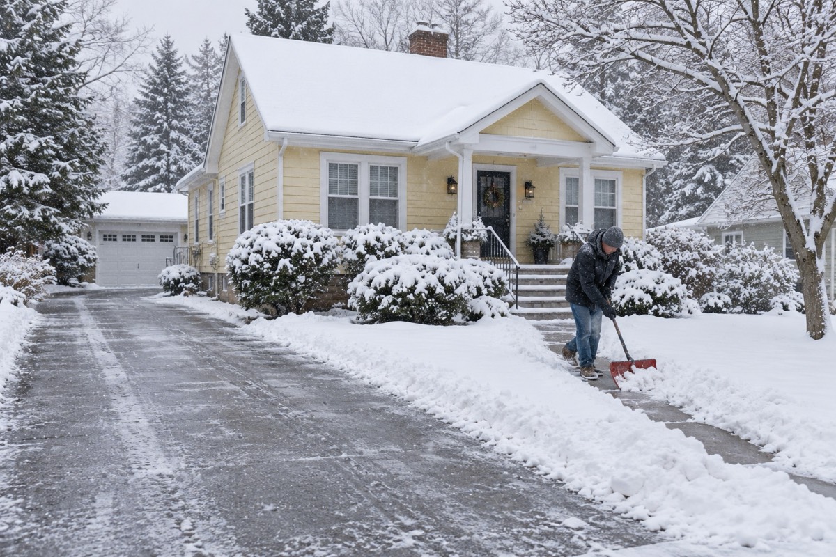 Shoveling the front walk of a snowy bungalow